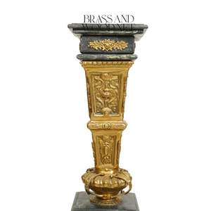Socle antique de luxe en marbre gris avec sculptures baroques en laiton ornées - Product Image 4