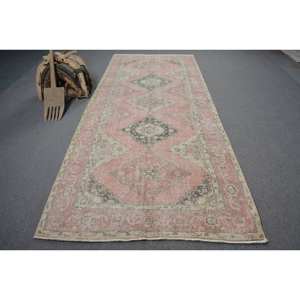 Tapis Turc Vintage Grand 4.7 X 13.1ft Rose Beige Laine Abstraite Patchwork Design pour Couloir Forme Rectangulaire Tapis de Chambre en Latex - Product Image 1