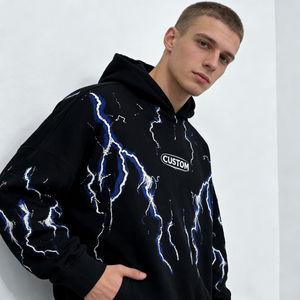 Sudadera con Capucha Casual para Hombre, Nueva, Moderna, con Estampado de Rayos Negros, Logotipo Personalizado, de Algodón, Estilo Urbano, Talla Grande - Product Image 5