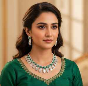 Emerald Luxe Radiant <b>Square</b>-Cut Necklace & Earrings <b>Set</b> for party wear - Product Image 2