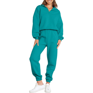 400 GSM à la mode femmes goutte épaule survêtements 100% coton demi fermeture éclair surdimensionné sweat avec survêtement pantalon ensemble - Product Image 4