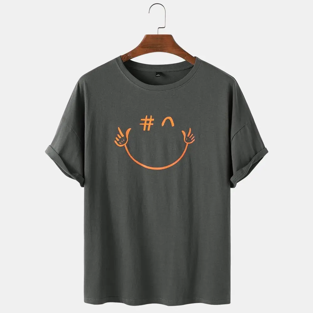Erkek pamuk komik Emojis baskı nefes gevşek yuvarlak boyun t-shirt