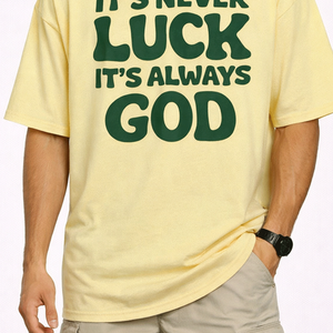 Camiseta Gráfica Amarilla Extra Grande para Hombre, 'No es suerte, es siempre Dios', Informal, de Algodón, Manga Corta, Cuello Redondo, Ajuste Holgado - Product Image 4
