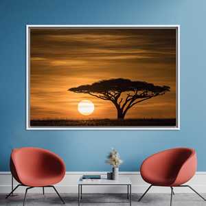 Impresión en lienzo Serengeti Sunrise: vibrante obra de arte de paisaje africano, lienzo enmarcado en blanco - Product Image 1