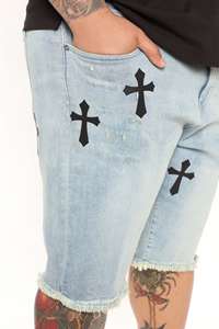 Washed Blue Jean <b>Shorts</b> High Waist Zipper Fly <b>Men</b> Cotton Black Graphic Print Denim <b>Shorts</b> - Product Image 3