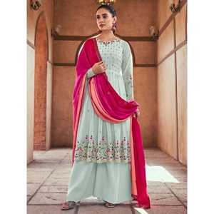 Salwar Kameez Palazzo prêt-à-porter en Georgette bleu ciel séduisant avec des sequins et des broderies à la main pour les fêtes - Product Image 1
