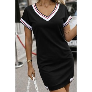 Women's Short-Sleeved V-Neck Short <b>Viscose</b> Two-Thread <b>Dress</b>, 36490 - Black - Product Image 2