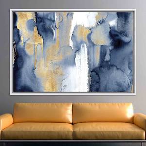 Obra de arte impresa en lienzo: Decoración de pared moderna de vidrio abstracto azul y dorado, lienzo con marco blanco - Product Image 1