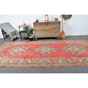 Tapis Vintage Turc Style Bohème 4.8x11.4ft Rouge Vert Patchwork Design Classique Classique pour Entrée en Laine Latex Support - Product Image 1