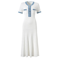 Gaun Maxi Wol Wanita Kerah O Lengan Pendek Kancing Tunggal Rajutan Model Fit Flare Desain Patchwork Pakaian Musim Panas Wanita Kancing