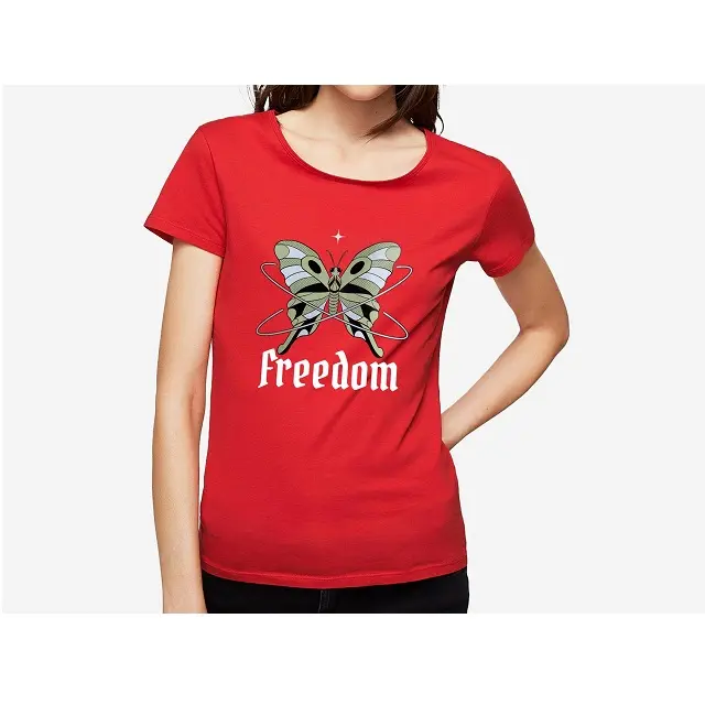 Butterfly center print with text red color pure cotton blend T shirts for women short sleeve Short Cute Looking Female top Cloth