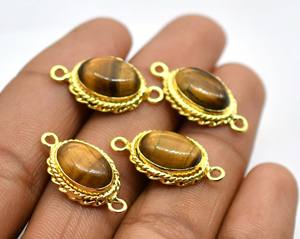 Conector de doble bucle de piedras preciosas de ojo de tigre de 25X14mm, fabricación de joyas chapadas en oro de 18 quilates y plata antigua, lote de - Product Image 3