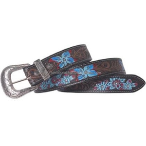 Multicolor Hand Painted Floral Embossed Genuine Western Leather <b>Tooling</b> <b>Belt</b> with Designer Floral Single Prong Brass Buckle - Product Image 2