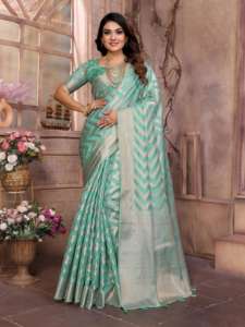 Premium Pure Organza Zari Lehariya Gold Jiri Weaving Border Banarasi Saree - Product Image 6