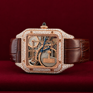 Reloj Automático de Lujo con Esqueleto para Hombre |   Reloj de Pulsera Mecánico de Cristal con Diamantes Cuadrados en Oro Rosa, Estilo Hip Hop |   Correa de Cuero Marrón - Product Image 1
