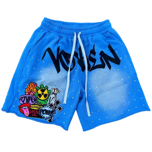 Short en éponge française de style High Street pour hommes personnalisé lavage à l'acide délavé au soleil à séchage rapide avec maille sérigraphiée et ourlet brut court - Product Image 5