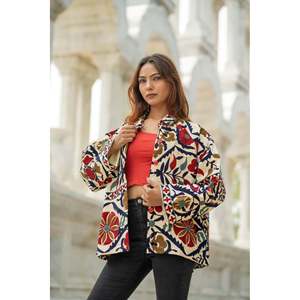 Autumn Winter Eco-Friendly Cotton Suzani Embroidered Short Bomber Coat Boho Gypsy Artisan <b>Hand</b> Crafted Olive Green Turn-down - Product Image 1