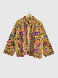 Veste en lin brodée de fleurs, col montant, manches longues, style Prairie Chic, vêtements de printemps pour femmes - Product Image 1