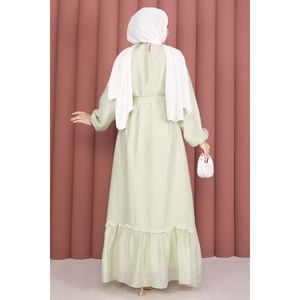 Robe Hijab à Volants et Ceinture Motif Vintage Style Islamique Basique Plumes Tissées en Coton et Mousseline Tendance - Product Image 6