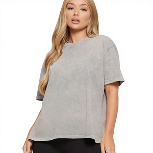 Acid Wash Grey Formal T-shirt for Women-OEM Wholesale Custom Logo Printing 100% Cotton Canvas Turtleneck Short Sleeve Breathable - Product Image 1