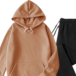 Camel Beige <b>Hoodie</b> With <b>Black</b> Jogger Tracksuit Set Unisex Winter Fleece Two Piece Casual Streetwear Sports Outfit OEM - Product Image 2