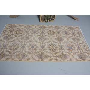 Traditionnel Beige Marron 3.9x 6.7ft Vintage Tapis Turc Laine Faux Lapin Fourrure Rectangle Patchwork Motif Latex pour Couloir Chevet - Product Image 3