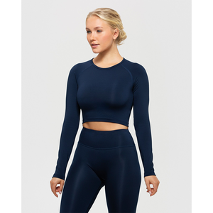 Dernière personnalisation bleu saphir haut court essentiel pour femmes à manches longues haut court extensible dans les 4 sens doux et léger pour le fitness t-shirts pour femmes - Product Image 1