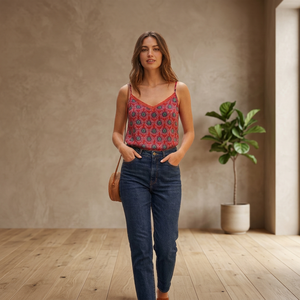 Blusa sin mangas con cuello en V para mujer, estampado floral geométrico, tirantes finos, informal, primavera-verano, tejido, corte regular - Product Image 4