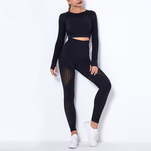 Conjunto de ropa activa de gimnasio para mujer de alta calidad, ropa de entrenamiento elástica para entrenamiento deportivo, Fitness sin costuras, Color negro, manga larga - Product Image 2