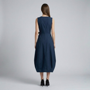 Abito Midi Casual a Tinta Unita con Scollo Incrociato, Tasche Funzionali in Spandex, Fiocco Regolabile, Vita Naturale, Lavabile - Product Image 2