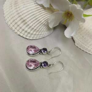 Boucles d'oreilles en Kunzite et Améthyste, pierres précieuses, argent sterling 925 plaqué or, faites à la main, bijoux mignons, pierre de naissance d'octobre, cadeau pour femme - Product Image 2