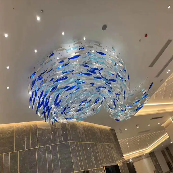 Customized Glass Fish Chandelier Modern Big Colorful Chandelier Decoration Hanging Led Chandelier Pendant Lights Restaurant
