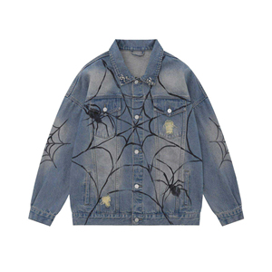 Chaqueta de mezclilla Vintage para hombre, grafiti de araña, solapa con múltiples bolsillos, cuello levantado, nuevo diseño rasgado multicolor oscuro, ajuste holgado, Primavera - Product Image 1