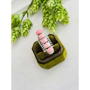 Handmade <b>Boho</b> Navajo <b>Ring</b> Size 6 Featuring Pink Conch & Sterling <b>Silver</b> Cluster Bezel Set Shell Inlay Everyday Wear - Product Image 4