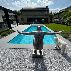 Hermosa escultura de aluminio de un nadador sentado listo para saltar al agua - Product Image 2