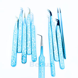 Pinzas de pestañas de volumen con logotipo personalizado, revestimiento de purpurina azul cielo, punta de precisión sostenible de acero inoxidable, herramientas de extensión de pestañas - Product Image 2