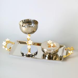 ชามและถาดสแตนเลสโบราณสำหรับเสิร์ฟของหรูหราพร้อมการตกแต่งดอกไม้สีทอง - Product Image 2