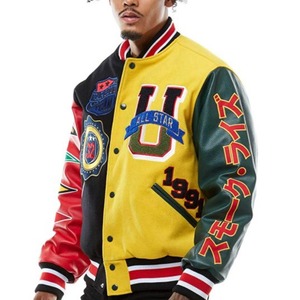 Chaqueta universitaria de cuero auténtico con letras de lana personalizada para hombre, chaqueta negra con parches y etiquetas de logotipos bordados en Color amarillo para M