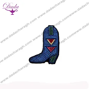 Blue santiag boot brooch hand embroidery brooch badges Bullion wire fashion jacket Indian China embroidered patches blazer crest