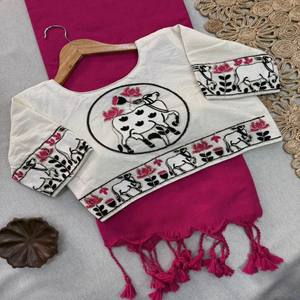 ヴァストラ・コテージ プレミアム・カディ・コットン・サリー、重厚な手刺繍ブラウス付き、エレガントな伝統的なインド民族衣装（女性用） - Product Image 2