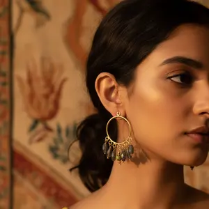 Pendientes de Aro con Baño de Oro para Mujer, Cuentas de Piedras Preciosas Grises, Estilo Religioso Clásico, con Cuarzo, para Fiesta, Joyería Clásica - Product Image 1