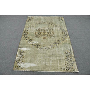 Tapis en laine vert vintage de 3.9x6 pieds, tapis plat turc, motif patchwork, décoration de salon avec support en latex - Product Image 1