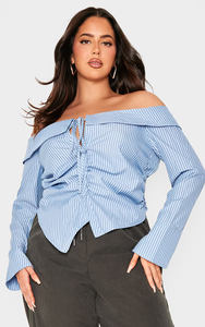 Best Selling <b>Women</b> Designer Clothing Bardot Neckline <b>Long</b> <b>Sleeves</b> Plus Blue Bardot <b>Striped</b> Fitted Shirt Style <b>Top</b> at Best Price - Product Image 5