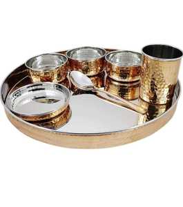 Commande en gros Envoi Lave-vaisselle Vaisselle Acier Inoxydable Cuivre Dîner Traditionnel Ensemble De Thali Assiette Bols Cuillère En Verre - Product Image 2