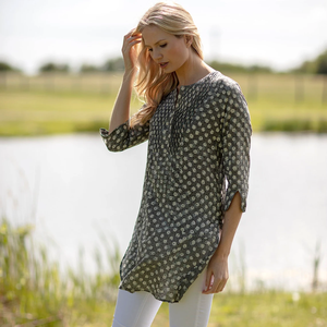 VENTE Long KURTA TOP Style 3 Gris avec motif de taches blanches 100% coton/bloc imprimé/Pintuck - Product Image 3