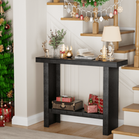 Table console moderne noire avec étagère de rangement, table de couloir étroite pour salon