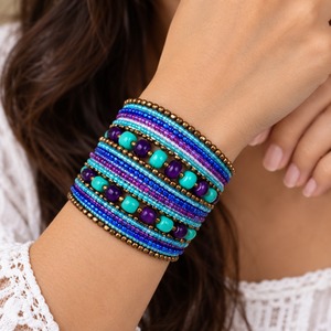 Boho Beaded Bracelet Set Women's Stackable Turquoise <b>Purple</b> Blue Gold Tone Bohemian Jewelry <b>Gift</b> - Product Image 2