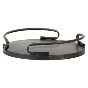 Bandeja redonda de metal negro con base de madera, perfecta para exhibir jarrones, mesa de comedor elegante para servir y decoración del hogar, uso de la India - Product Image 3