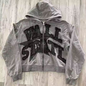 Professional Hot <b>Sale</b> Zipper Distress Embroidery Splicing Sweatshirts Clothing Manufacture Acid <b>Wash</b> Boxy Y2k Blank Hoodie - Product Image 5