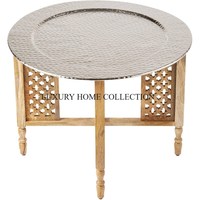 Plateau martelé en acier inoxydable poli avec miroir et bois naturel Table basse marocaine d'appoint Grande table de meubles vintage pour café